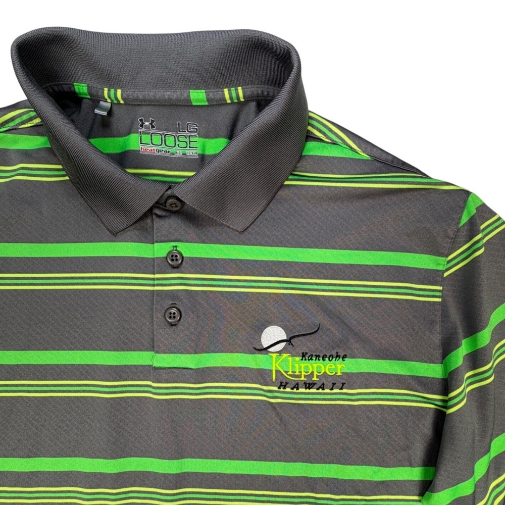 Under Armour Kaneohe Klipper Hawaii Polo‎ Shirt Mens Large Grey Green Striped LG